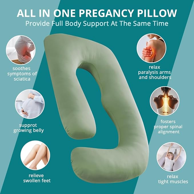 Cooling Pregnancy Pillows for Sleeping, 57'' Full Body Pillow, Green | Sasttie Maternity Pillow, OEKO-TEX, Down Alternative, Removable Cover, Pregnant Women Must Haves, Maternity Essential