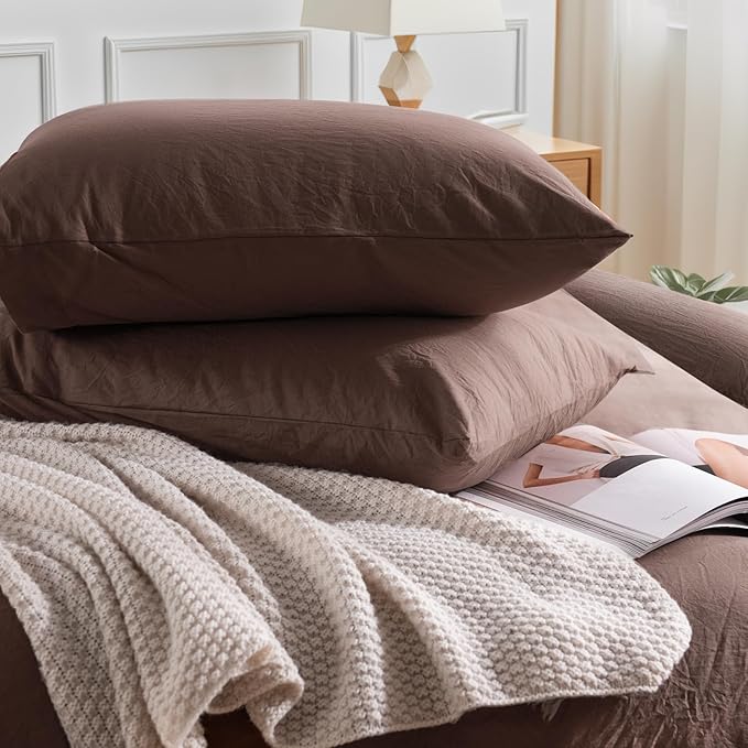 NEXHOME PRO Queen Duvet Cover Set 100% Certified Organic Cotton with Washed Feel & Linen-Like Texture, Comfortable & Breathable, Home Bedding Set Dark Brown (No Comforter)