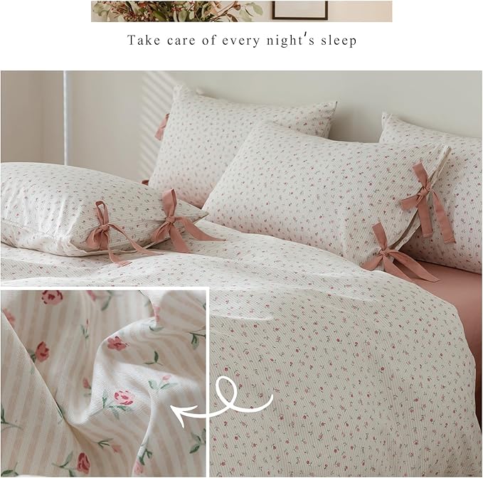 mixinni Soft Aesthetic Floral Print White Duvet Cover Pink Rose Pattern Girls Striped Bedding 1 Duvet Cover 2 Bow Tie Pillowcases Twin Size 100% Cotton with Zipper Ties for Teenage Girls