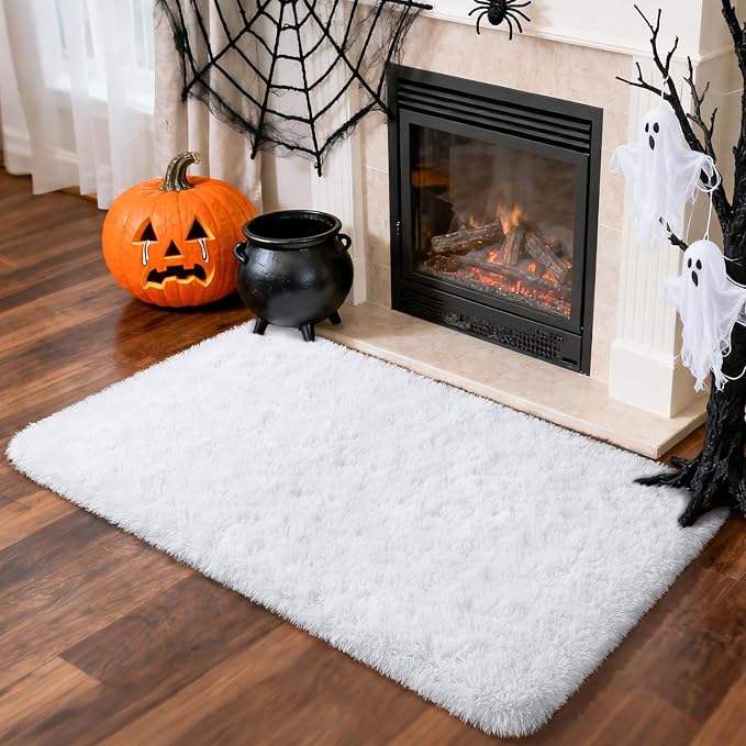 Fluffy Rug Shaggy Area Rug, Snow White 2x4 Small Rugs for Fireplace Holiday Christmas Decor, Mini Fuzzy Plush Kids Bedside Rug, Soft Non-Slip Entryway Throw Rugs Shag Catpet for Living Room 