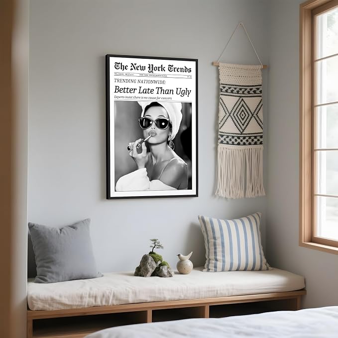 Framed Better Late Than Ugly Wall Decor Newspaper Audrey Hepburn Wall Art | Vintage Black and White Fashion Poster Chic New York Trends Glam Quote Canvas Print for Bedroom Bathroom Dorm 24x36inch