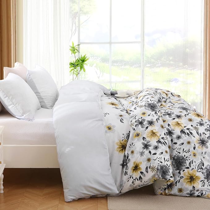MUXHOMO Duvet Cover Queen Size, Reversible Floral Vintage Duvet Cover Set with Zipper Closure, 3 Pieces Botanical Patterns Soft Microfiber Bedding Set (90"x90", 2 Pillow Cases, Yellow Grey Flower)