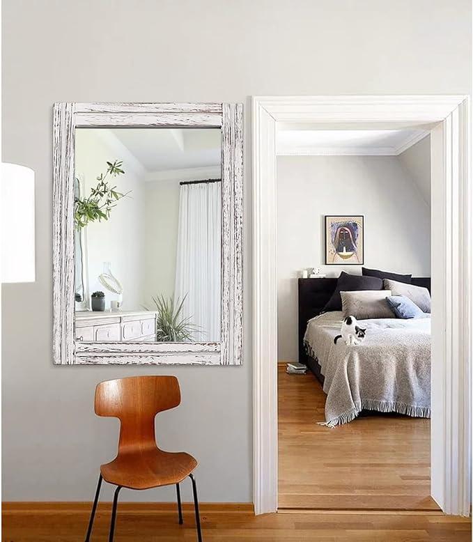 AAZZKANG Large Wall Mirrors with Rustic Wood Framed 28"x20" Rectangle | Decorative Farmhouse Bedroom Bathroom Living Room Entryway