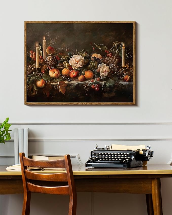 Vintage Framed Autumn Still Life Thanksgiving Wall Art 12x16 Fruits Candles Oil Painting, Rustic Classic Fall Peaches Grapes Canvas Print, Harvest Farmhouse Kitchen Dining Room Decor