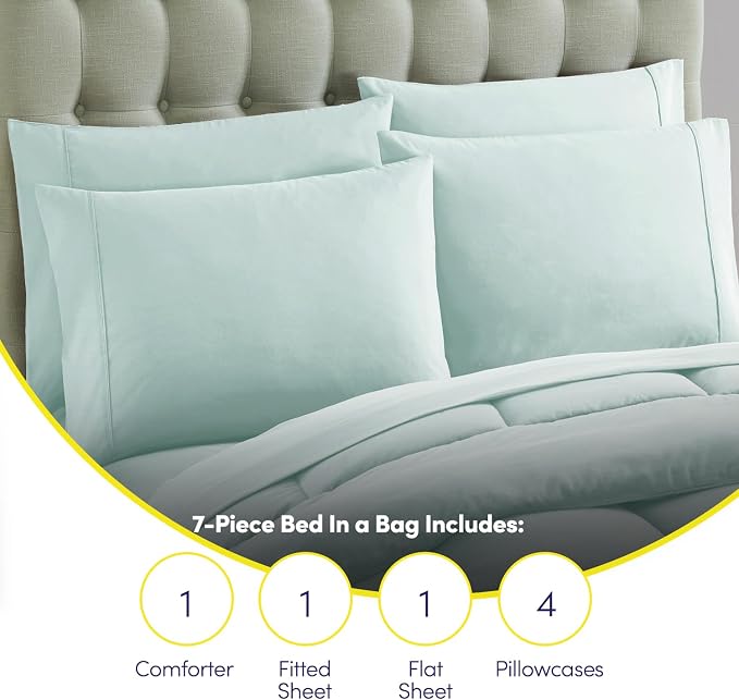 Sweet Home Collection 7 Piece Comforter Set Bag Solid Color All Season Soft Down Alternative Blanket & Luxurious Microfiber Bed Sheets, Aqua, Queen