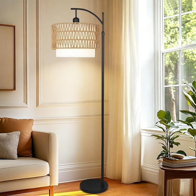 ZECOXOL Arc Floor Lamp for Living Room Boho Floor Lamps with Remote Control & with 3 Color Temperatures,Rattan Wicker Standing Lamp Dimmable Tall Floor Lamp for Bedroom Living Room Corner