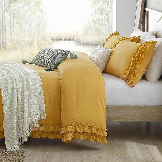 Bedorm Ginger Yellow Bedding Set Queen Ruffle Duvet Cover Super Soft Cozy Washed Microfiber Bedding Shabby Chic Coquette Decor Farmhouse Boho Duvet Cover Set