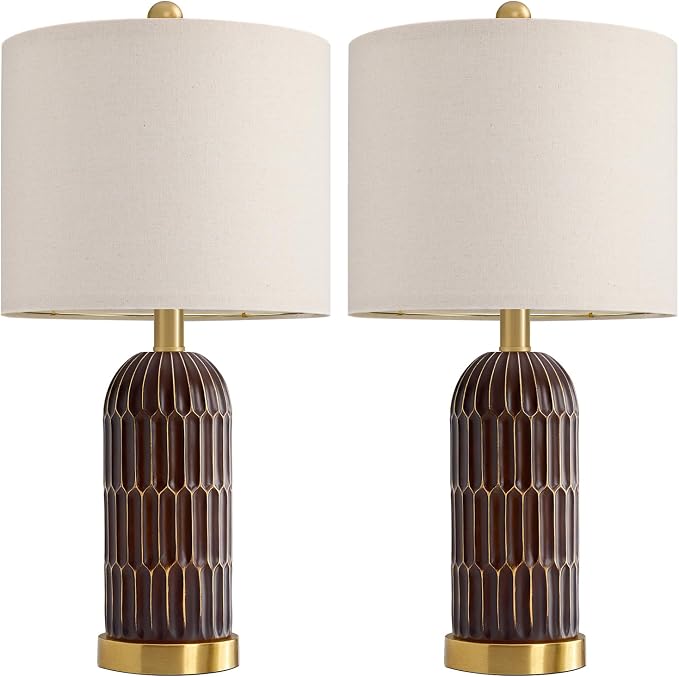 OYEARS 22.5" Bedside Table Lamps Set of 2, Farmhouse Table Lamp with USB A+C Charging Ports, Vintage Nightstand Lamp for Bedrooms and Living Rooms, Mid Century Modern End Table Lamp, Brown and Gold
