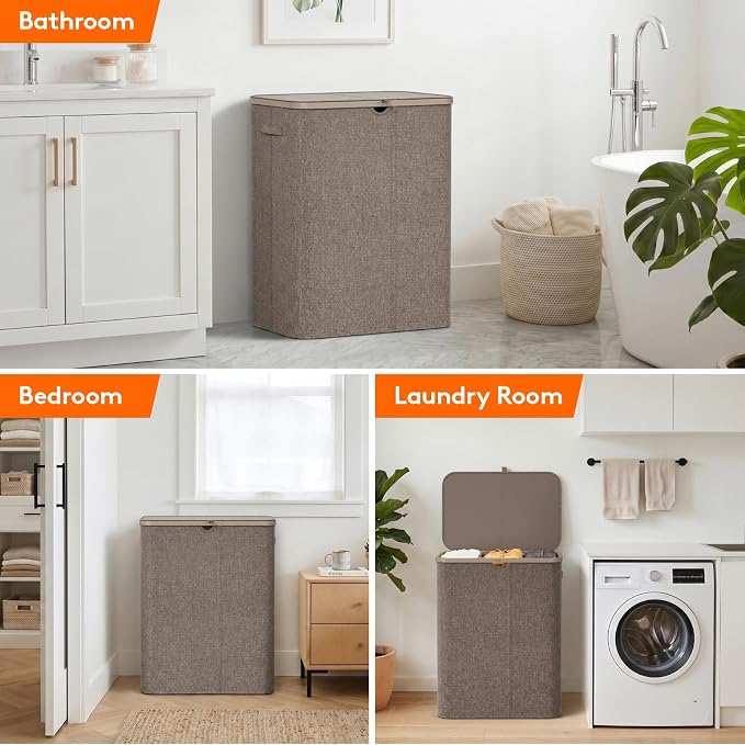 Lifewit 185L 3 Section Laundry Hamper with Lid, Laundry Basket, Brown | Large Foldable Laundry Sorter with 3 Removable Bags, Tall Clothes Hamper for Bedroom and Bathroom