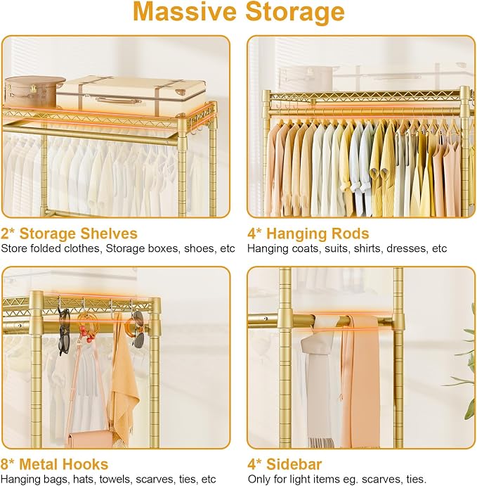 Rolling Clothes Rack, Clothing Racks for Hanging Clothes, Gold | P4 Plus Heavy Duty Garment Rack with Wheels, Free Standing Portable Closet Racks 45''W × 20.5''D × 80.5''H, Max Load 570 Lbs