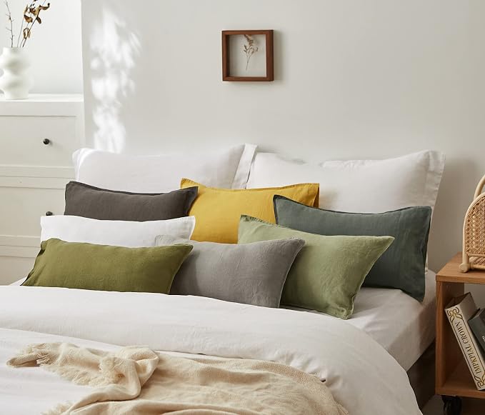 Simple&Opulence 100% Linen Lumbar Pillow Cover 12 x 20 Inches Set of 2 Rectangular Decorative Throw Cushion Cover for Couch Sofa Bed Living Room Office Soft Breathable Farmhouse - White