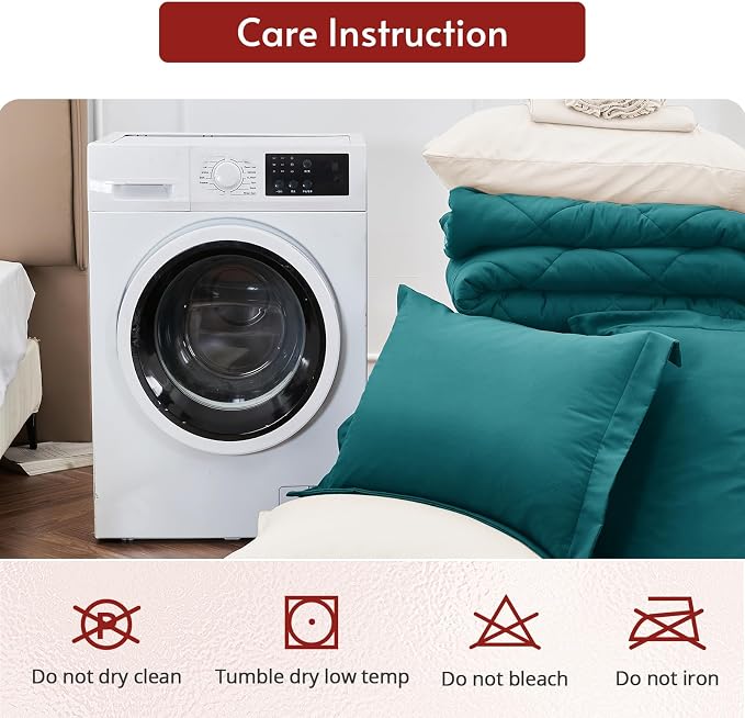 7 Pieces Queen Comforter Set, Reversible Bed in a Bag Queen Size, All Season Bedding Set with Comforter, Flat Sheet, Fitted Sheet, Pillowcases & Shams, Peacock Blue & Ivory