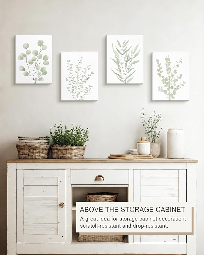 Drsoum Botanical Plant Framed Wall Art Boho Wall Decor for Bathroom Sage Green Eucalyptus Leaf Prints Minimalist Aesthetic Ready to Hang Set of 4, 12x16 in (Framed)