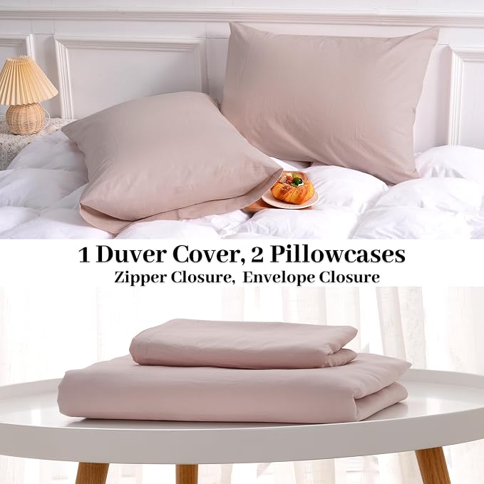NEXHOME PRO Duvet Cover Set 100% Washed Cotton Full Size Linen Feel Textured Organic Natural 3 Pieces Bedding Set Greyish Light Pink with Zipper Closure and Corner Ties, Breathable(No Comforter)