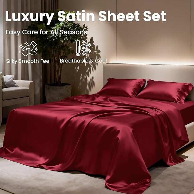 Love's cabin Twin Satin Sheets Sets - 3 Piece Burgundy Silky Bed Sheets with Deep Pockets, Luxury Silk Feel Satin Twin Size Sheet Set Bedding Set (1 Flat Sheet,1 Fitted Sheet,1 Pillow case)