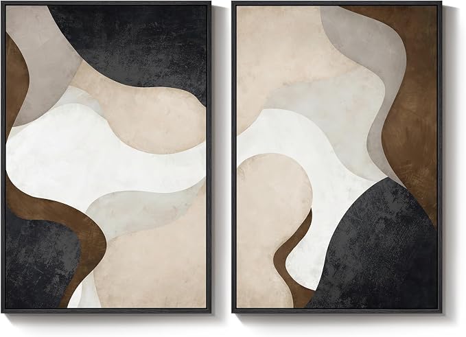 Large Framed Modern Abstract Wall Art for Living Room Set of 2, 24x36 In | Minimalist, Canvas prints, Neutral pictures, Beige brown, Black frame paintings, Bedroom, Dining room, Entryway wall decor