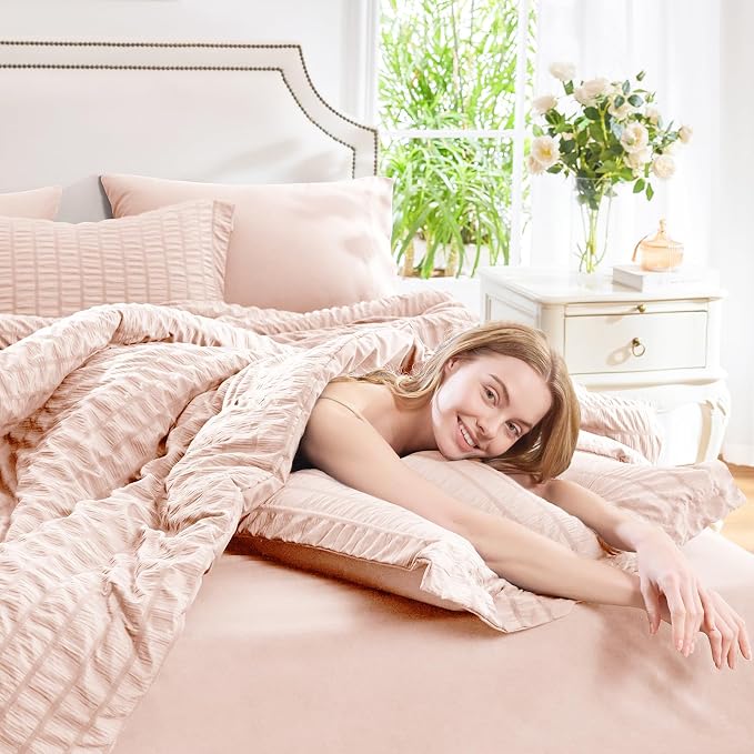 Oversized King Seersucker Comforter Set, Blush Pink, 120 x 98 in | OEKO-TEX Certified, 7 Pieces Bed in a Bag with 240 GSM Down Alternative Comforter, Flat & Fitted Sheets, Pillowcases & Shams
