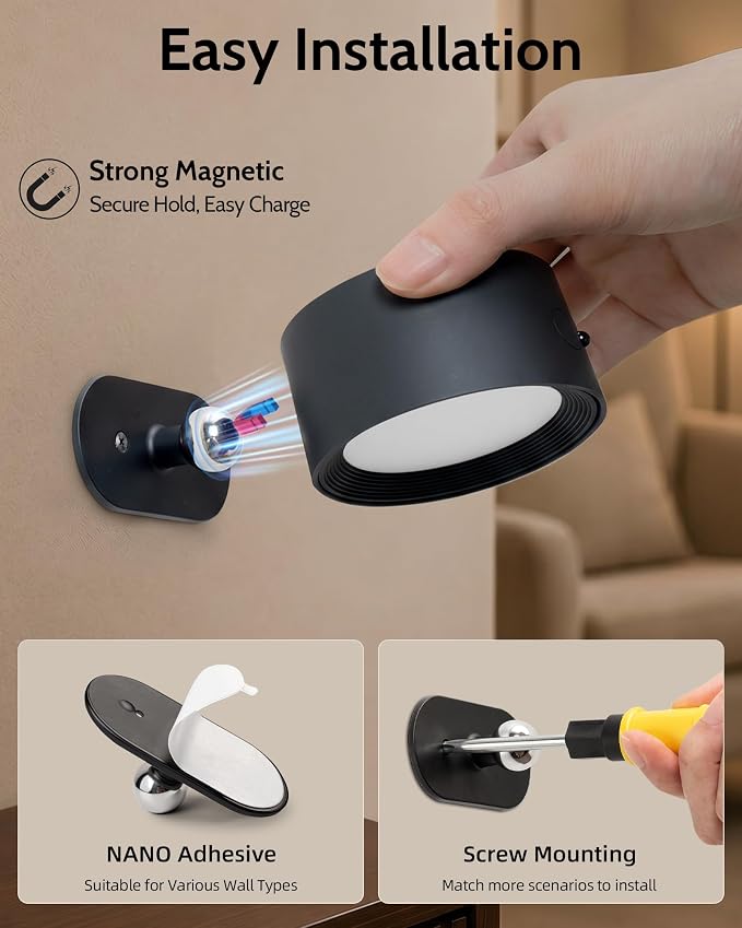 LED Wall Mounted Lights, Rechargeable Wall Sconces, 3 Color Temps, Remote & Touch, 360° Rotating and Dimmable for Bedroom, Bedside & Reading (Black, 3 Pack)