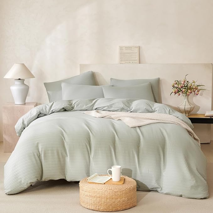 Queen Size Comforter Set Striped Sage Green Luxury Washed Microfiber Jacquard 3 Pieces Bedding, Sage Green Vertical Ticking Stripes Comforter with 2 Pillowcases Soft Breathable Durable Comfy