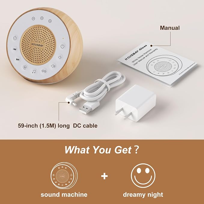 HOUSBAY Sound Machine White Noise for Sleep with Wood Grain | 31 Soothing Sounds, 5W Loud Stereo Sound, Auto-Off Timer, Adjustable Volume, Small Sleep Machine for Noise Canceling