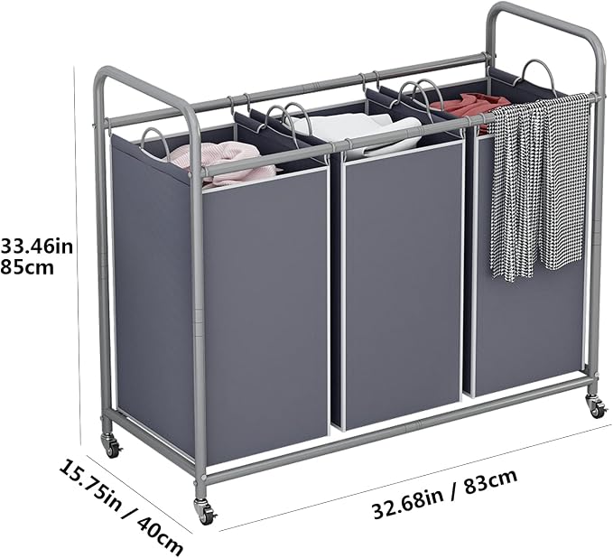 LINZINAR 3 Section Laundry Hamper, Grey Laundry Basket, 135L Laundry Sorter | Laundry Room Organization with Heavy Duty Rolling Lockable Wheels and Removable Bag, Bedroom Laundry Cart for Clothes Storage