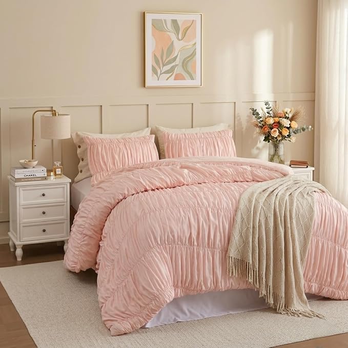 weigelia Blush Pink Ruched Comforter Set King Size, Cute Girls Bedding Set | All Season, Soft Microfiber Comforter, Cozy Cinched Design for Home & Bedroom Decor (1 Comforter,2 Pillowcases)