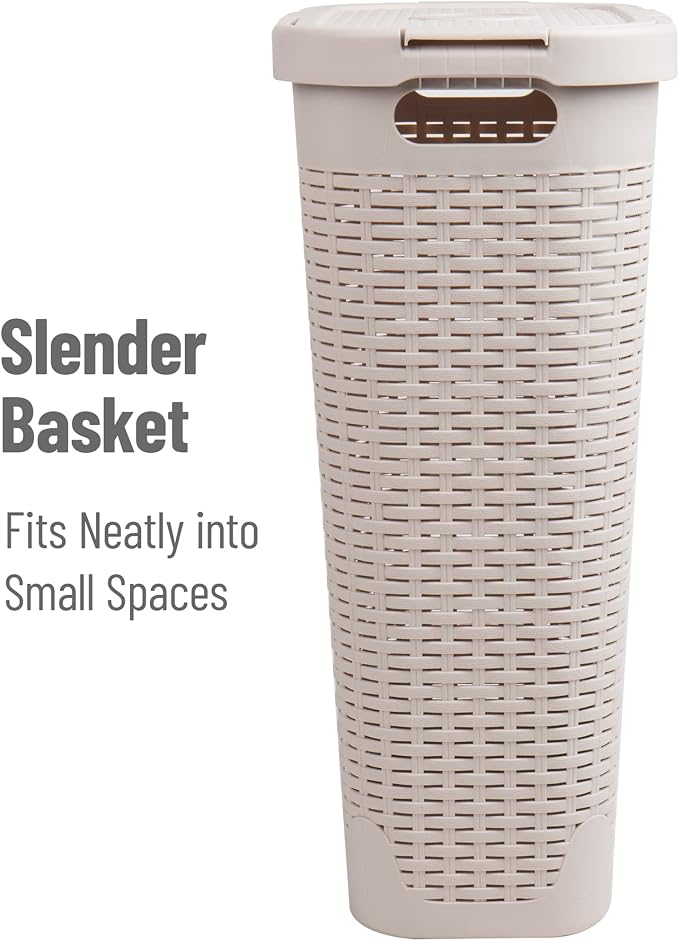 Mind Reader Slim Laundry Hamper with Lid, 40L Clothes Basket, Narrow Tapered Design with Ventilated Cutout Pattern, Plastic, Ivory
