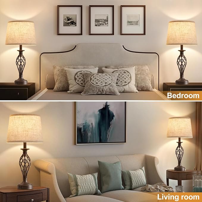 Table Lamp for Bedroom Set of 2 with USB C+A Ports,Modern Night Stand Lamp | Brown Bedside Lamps with Spiral Cage Base,Beige Fabric Shade,Lamp for Living Room Reading Bed Side End Table,Bulbs Included