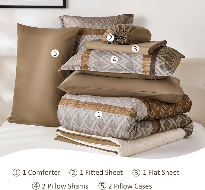 Cottolester Boho King Comforter Set,Khaki and Brown Striped Bed in a Bag | Fall Plaid Bed Set,Soft Microfiber Complete Bedding Sets