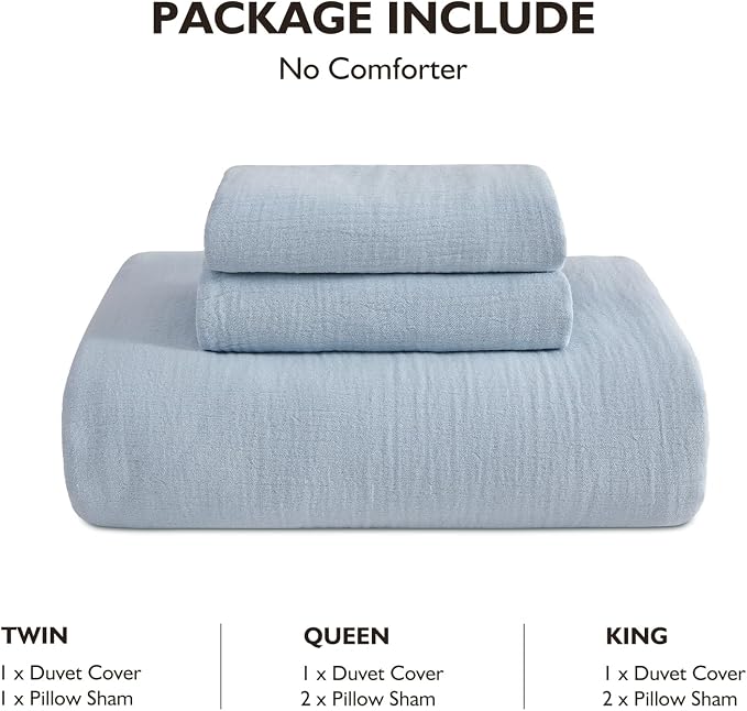 EMME Muslin Cotton Duvet Cover Set Blue Twin Size Linen Like Soft Breathable Lightweight Summer Comforter Cover Set with Zipper Closure (Blue, Twin, 68"x90")