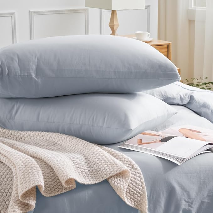 NEXHOME PRO Queen Duvet Cover Set, 100% Washed Cotton with Linen-Like Texture, Natural Organic, Breathable & Comfortable, Includes Home Bedding Set Cornflower Blue (No Comforter) 9090
