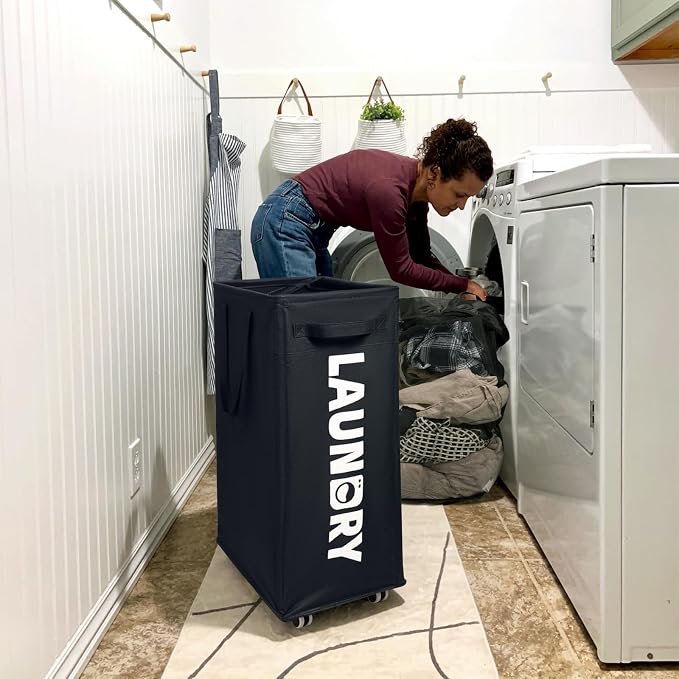 Goodpick 75L Roling Dirty Clothes Hamper with Removable Wash Bag for Dorm | Black Rolling Laundry Hamper with Wheels and Handles for Dirty Clothes, Fodable Hamper for Laundry Room