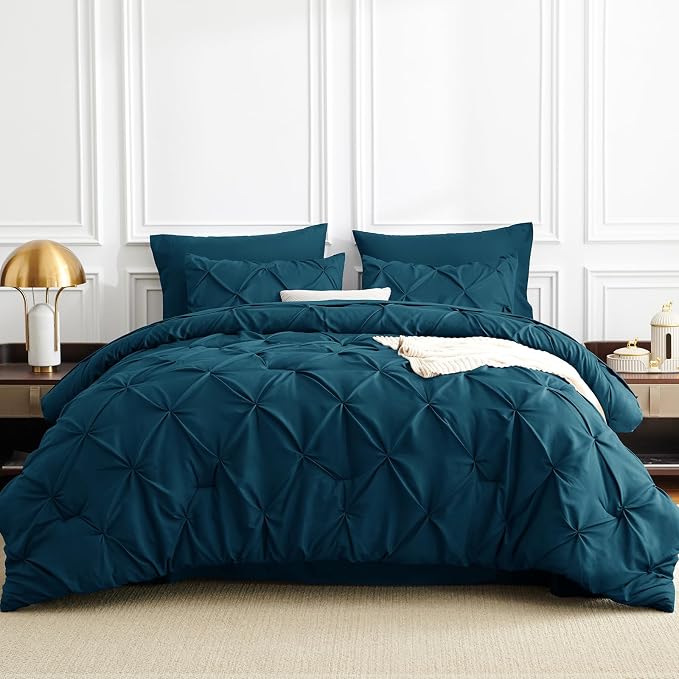 Queen Comforter Set Lyons Blue, 7 Pieces Pintuck Bed in a Bag | OEKO-TEX 100 Certified, 240GSM All Season, Bedroom, Guest Room, Down-Alternative Comforter, Sheets, Pillowcases & Shams