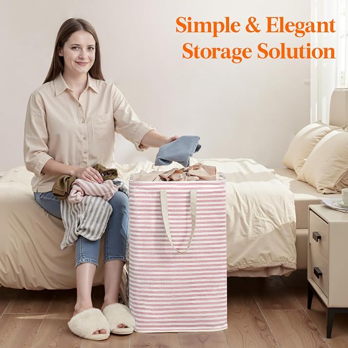 Lifewit 75L Large Collapsible Laundry Basket with Extended Handles, Pink | Foldable Laundry Hamper, Tall Dirty Clothes Basket, Waterproof, Freestanding Design for Bedroom, Bathroom, College Dorm