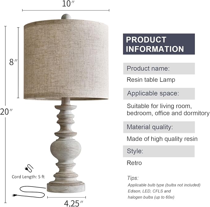 BOBOMOMO Tradition 20" Rustic Table Lamp Set of 2 for Living Room Bedroom Bedside Desk Lamps Bedroom Nightstand Vintage Lamps Linen(Suitable for Decorating Small Areas)