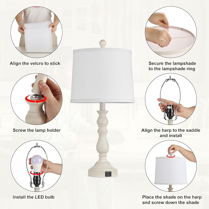 23'' Table Lamps Set of 2, Lamps for Bedroom, USB C+A Ports, Beige | Bedside Lamps with 3 Color Temperatures, Knob Switch, Lamps for Living Room, Office, Night Stands, End Table, Bulbs Included