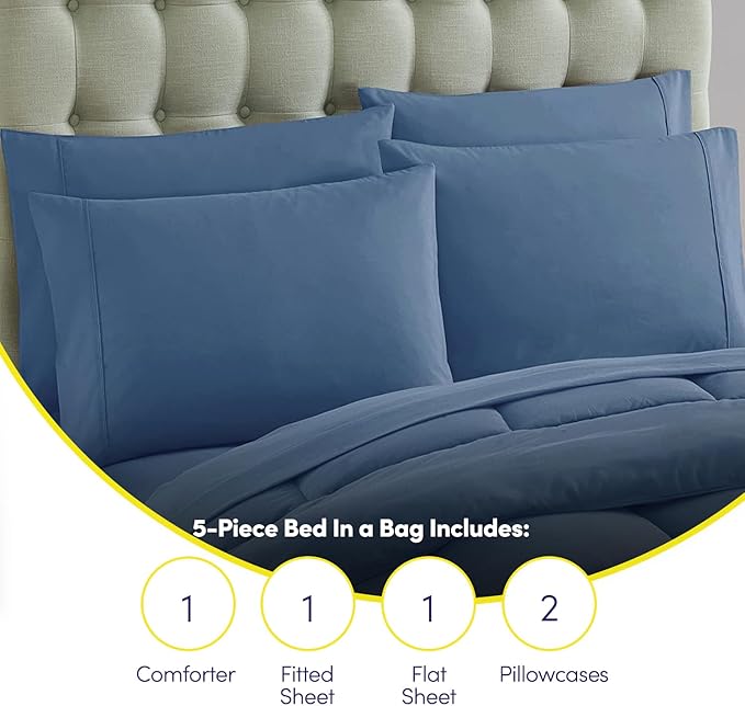 Sweet Home Collection 5 Piece Comforter Set Bag Solid Color All Season Soft Down Alternative Blanket & Luxurious Microfiber Bed Sheets, Denim, Twin
