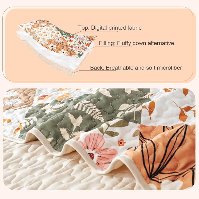 Whale Flotilla Patchwork Quilts Twin Size, Extra Soft Floral Bedspreads | Orange Reversible Lightweight Twin Quilt Bedding Set for Bed, Printed Coverlets with 1 Pillow Sham for All Seasons