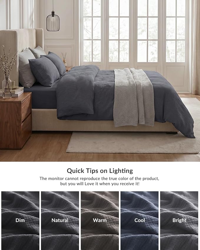 SE SOFTEXLY Muslin Duvet Cover California King Size, 100% Washed Cotton Duvet Cover Set, Ultra Soft Comforter Cover Linen Like, 3 Pieces Gauze Duvet Cover with 2 Pillowcases, 98"x104", Dark Grey