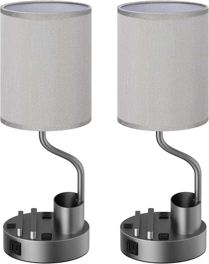 Bedside Lamps for Bedroom Set of 2 - Table Desk Lamp for Nightstand | 15" Table Lamp for Living Room with Pen Holder & Phone Stand, USB A+C Port, AC Outlet, 3 Color Temperature, LED Bulb Included