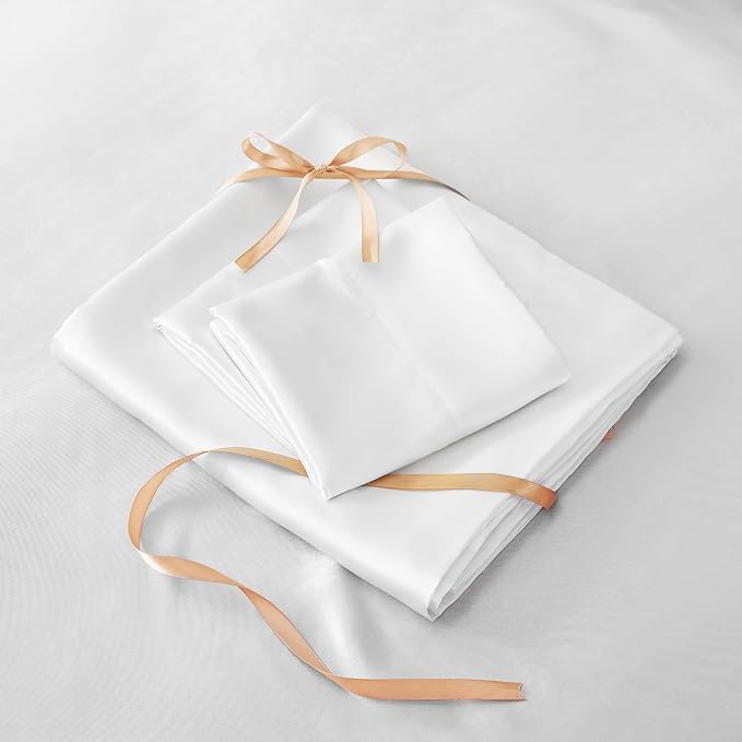 BEDELITE Satin Sheets King Size Bed Set, White, 4 Pieces | Luxury Silky Bed Sheets, 15 Inch Deep Pocket, Similar to Silk, Soft and Cooling, Reduces Friction, Gentle on Hair and Skin