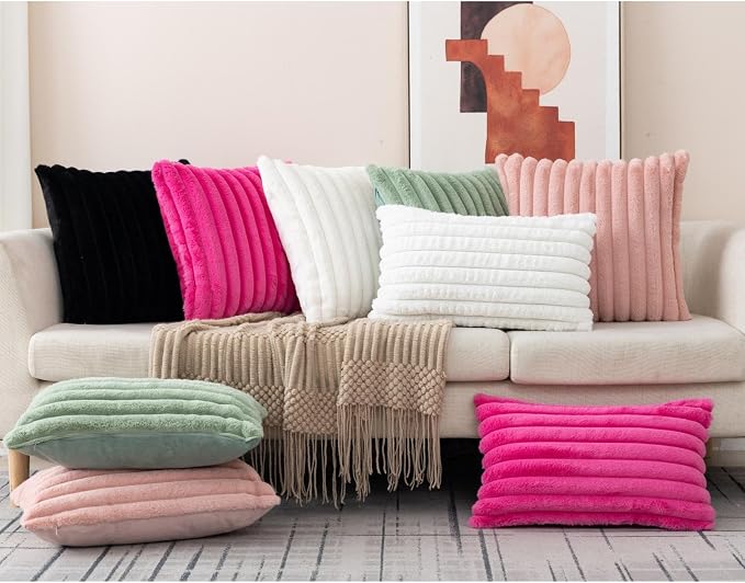ZLINA Black Striped Faux Fur Throw Pillow Covers 26 x 26 Inch | 2‑Pack, boho striped pillow covers,velvet back,fuzzy plush cushion covers , for sofa bed livingroom home decor