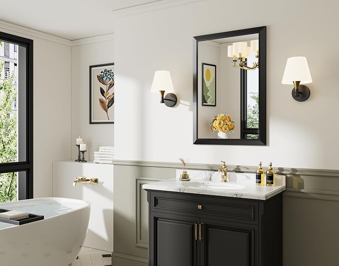 Black Metal Framed Bathroom Wall Mirror, 24x36 Inch | Anti-rust, HD tempered glass, for bathroom vanity, bedroom, living room, horizontal or vertical mount