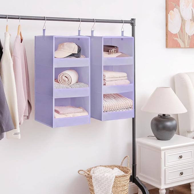 GRANNY SAYS 3-Shelf Hanging Closet Organizer, Foldable Storage, Purple | 33 lb Capacity, No-Sag Support, Keeps Clothes Neat, Folds Flat, Fits RV, Dorm & Small Closets, 2 Pack