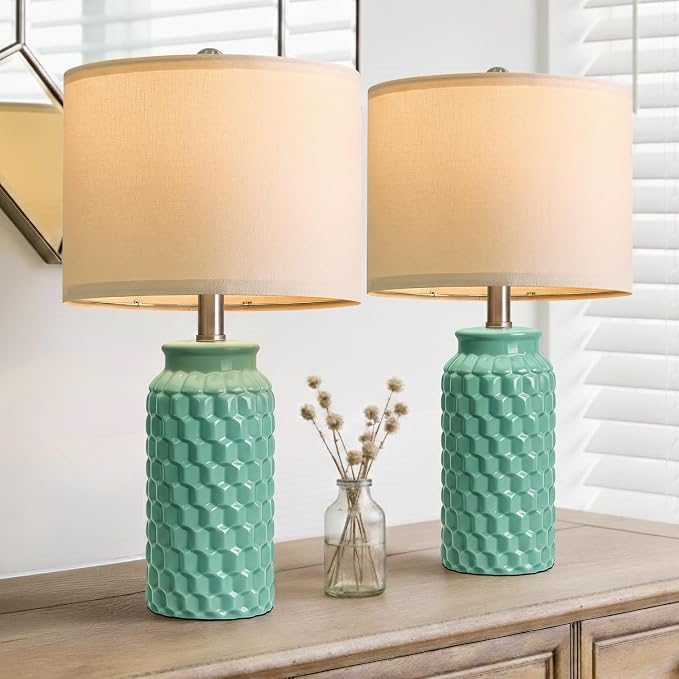 USumkky 20.5" Ceramic Table Lamps Set of 2 - Modern Farmhouse & Boho Style, Bedside Nightstand Lamps for Bedroom, Living Room End Table Lamps, Small Desk Lamp(Tiffany Blue)