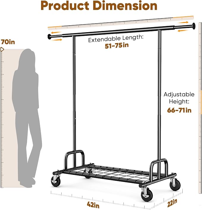 HOKEEPER Clothes Rack Collapsible Clothing Rack Capacity 525LBS Black | Clothing Racks on Wheels Heavy Duty Rolling Clothes Rack for Hanging Clothes for bedroom, Commercial, 22"D x 75"W x 71"H