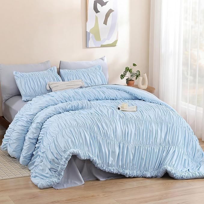 weigelia Light Blue Ruched Comforter Set Twin Size, Cute Girls Bedding Set | All Season, Soft Microfiber Comforter, Cozy Cinched Design for Home & Bedroom Decor (1 Comforter,1 Pillowcase)