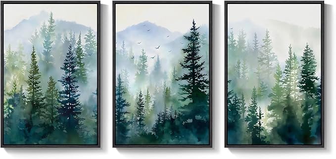 Large Framed Green Forest Landscape Living Room Wall Art, 3 Piece, 24x36 In | Nature, Scenic, Pine tree, Foggy, Watercolor, Modern, Bedroom decor, Dining room, Hallway, Home office, Canvas artwork
