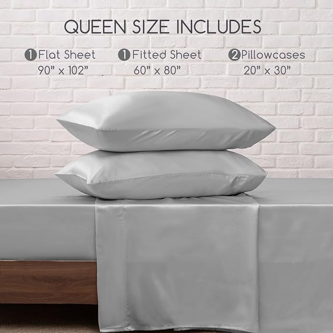 MR&HM Satin Sheets Queen Size with Elastic Corner Straps, Silver Grey | Similar to Silk, 4-Piece Silky Soft Bed Sheet Set, Gentle on Skin and Hair, 15" Deep Pocket, Cooling & Breathable