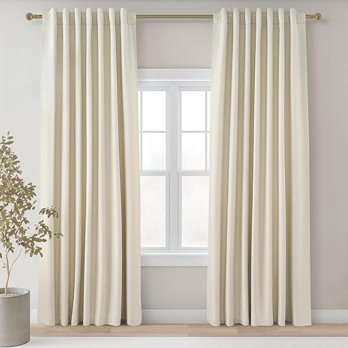 Topfinel 92 Inches Long Custom Black Out Drapery Panels, Rustic Burlap Textured Opaque Pleated Window Coverings, Kids Cream Boho Heat Blocking Back Tab Curtains for Sunroom Bay Window